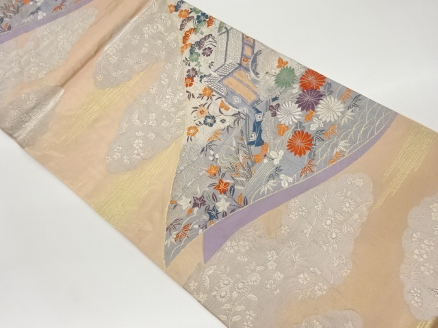 リサイクル　御所車に草花・雲模様織出し袋帯